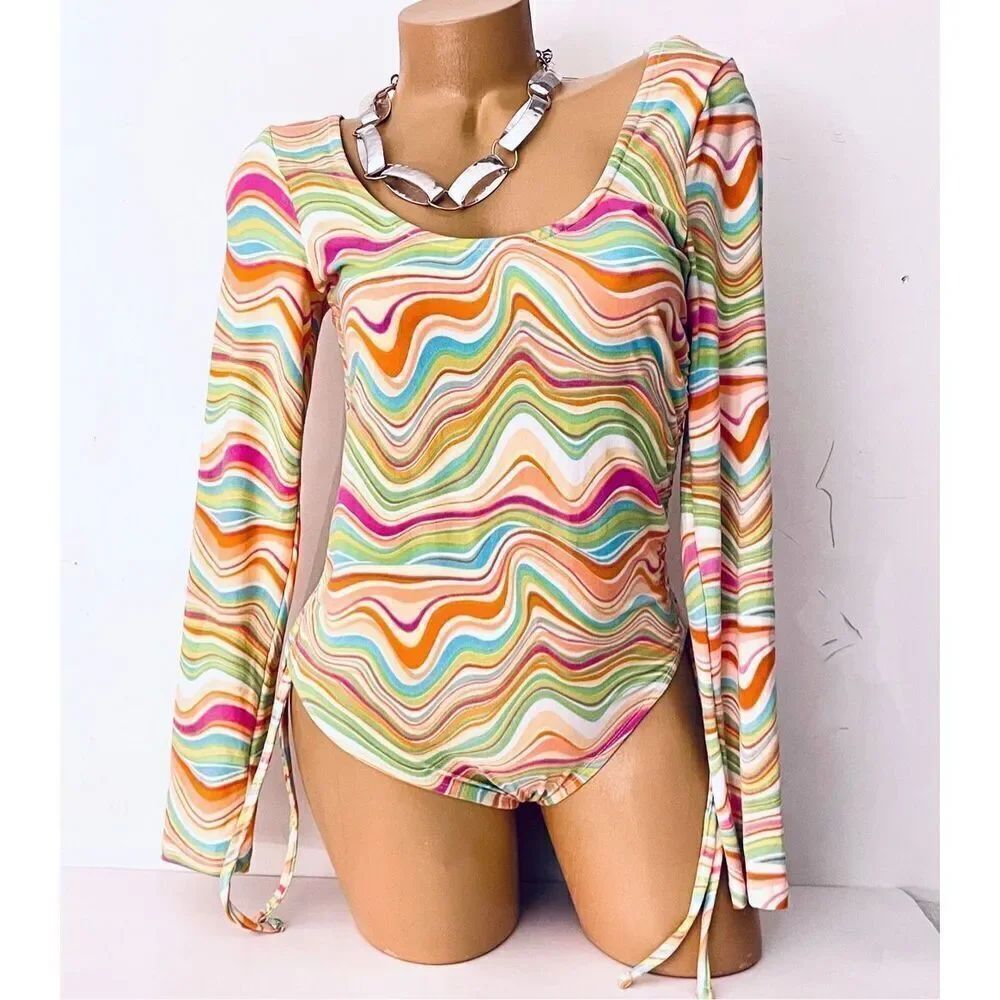 NWT Almost Famous L White Green Orange Swirl Scrunched Sides Ruched Bodysuit Top